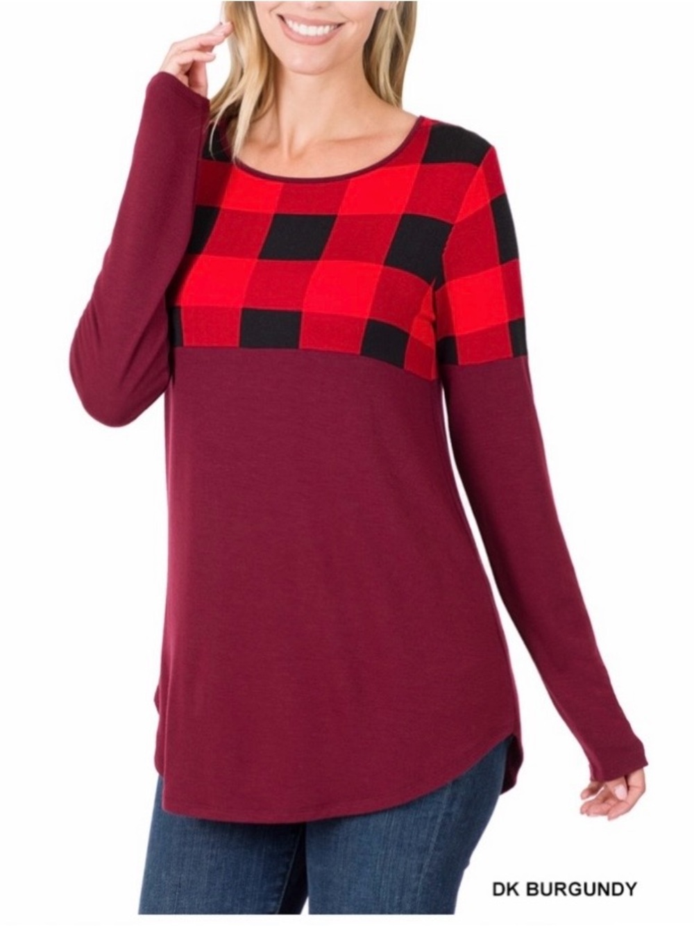Zenana Women's Dark Burgundy Plaid Yoke Long Sleeve Top